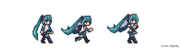 Miku, displayed in 3 separate stages, first walking, then running, then singing. Created by LunarDignity on DeviantArt